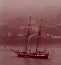 French Brigantine replica Recouvrance in fog in Kinsale harbour, Summer 2001