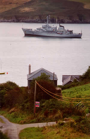 Irish Naval vessel L.E. Aoife, (P22), at anchor at Lower Cove, Kinsale harbour, Summer 2002.