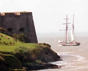 French Brigantine replica Recouvrance passing Charles Fort, Kinsale, outbound on a gray, blustery Summer`s day in 2002