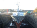 Bow-on view of L.E.Roisín in Verolme dockyard, Cork.