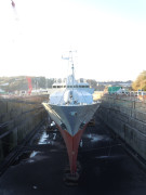 Bow-on view of L.E.Roisín in Verolme dockyard, Cork.