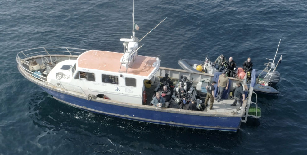 Drone capture of Technical Divers over RMS LUSITANIA, 17/Aug/2023